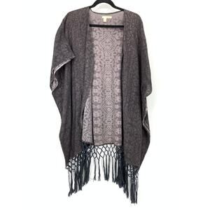 Sandy & Sid Open Front Kimono Top Womens One Size Dark Gray Taupe Fringe Trim